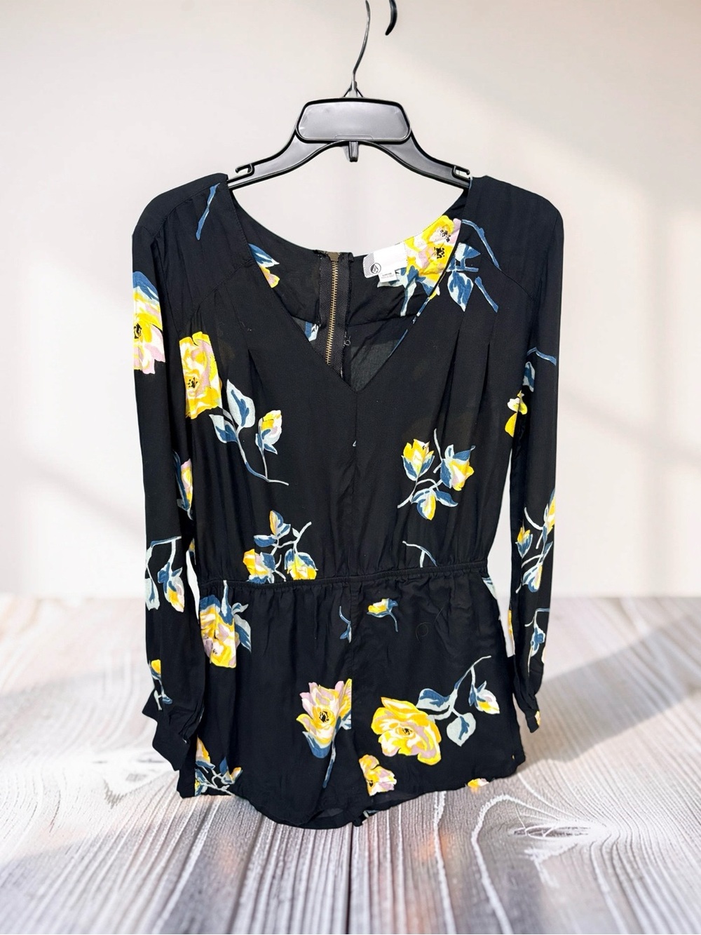 Volcom Black Floral V-Neck Long-Sleeve Romper